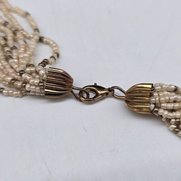 Vintage Multi Strand Seed Pearl & Gold Tone Beaded Necklace With Decorative Clas - Picture 6 of 7